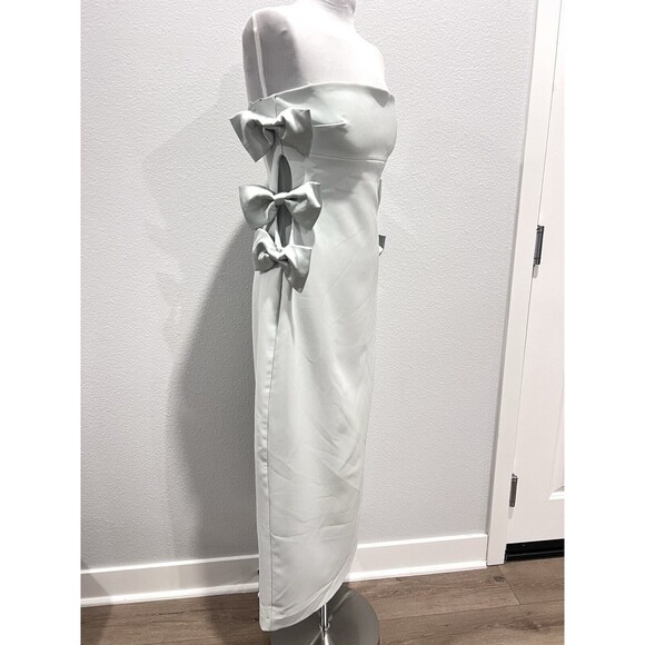 ZARA NEW WOMAN FITTED STRAPLESS MIDI DRESS WITH SATIN BOWS SEA GREEN SIZE LARGE - Picture 9 of 16